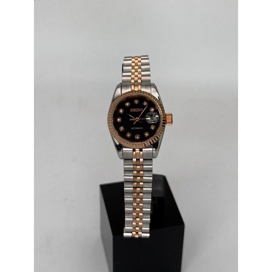 Custom Seiko Mod • 2-Tone Steel Rose Gold Black Diamond Datejust Automatic • 26mm